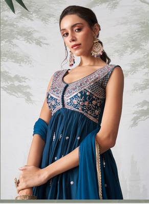 Teal blue rangoli georgette multi thread anarkali suit 4