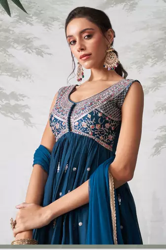 Teal blue rangoli georgette multi thread anarkali suit