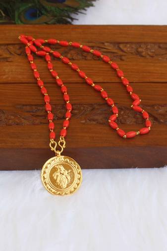 Kerala style gold plated coral krishna pendant chain