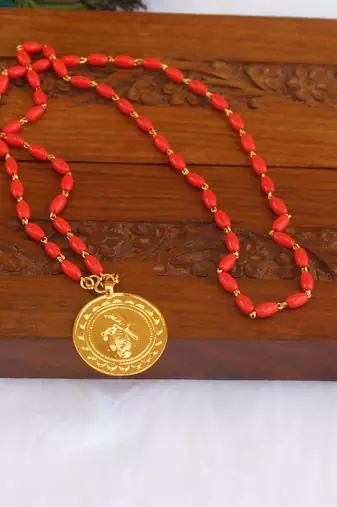 Kerala style gold plated coral krishna pendant chain