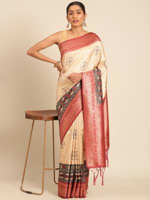 Sangam Prints Cream Silk Woven Work Traditional Saree 1