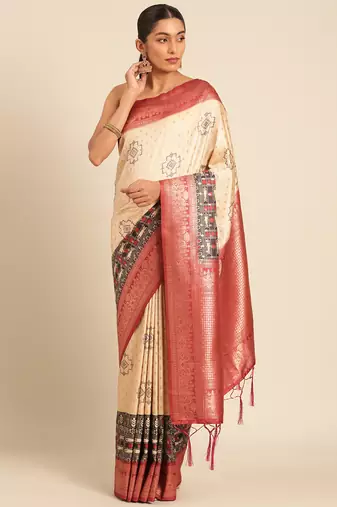 Sangam Prints Cream Silk Woven Work Traditional Saree