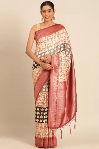 Sangam prints cream silk woven work traditional saree