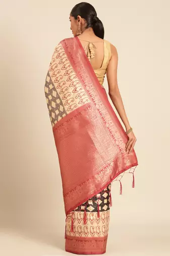 Sangam prints cream silk woven work traditional saree