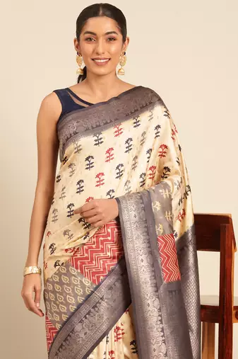 Sangam Prints Cream Silk Woven Work Traditional Saree