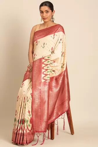 Sangam Prints Cream Silk Woven Work Traditional Saree