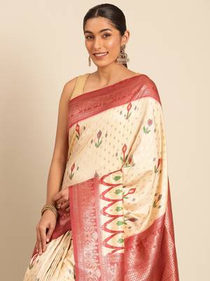Sangam Prints Cream Silk Woven Work Traditional Saree 3