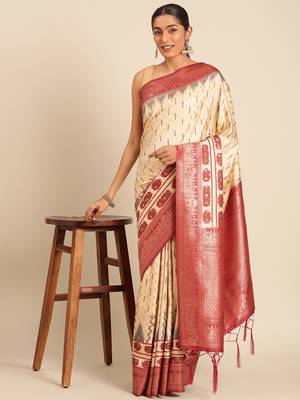 Sangam Prints Cream Silk Woven Work Traditional Saree 2