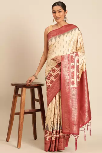 Sangam Prints Cream Silk Woven Work Traditional Saree