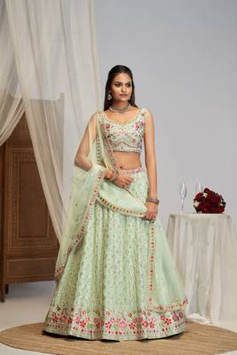 Pista green thread embroidery georgette lehenga choli 1