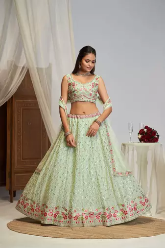 Pista green thread embroidery georgette lehenga choli