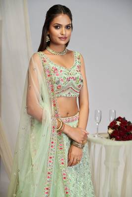 Pista green thread embroidery georgette lehenga choli 4