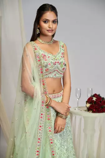 Pista green thread embroidery georgette lehenga choli