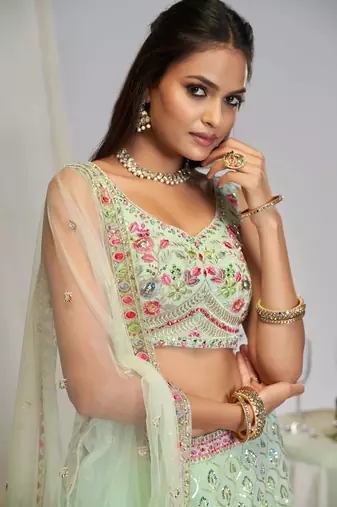 Pista green thread embroidery georgette lehenga choli