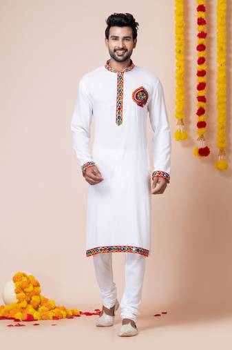 White heavy rayon navratri special traditional kurta pyjama