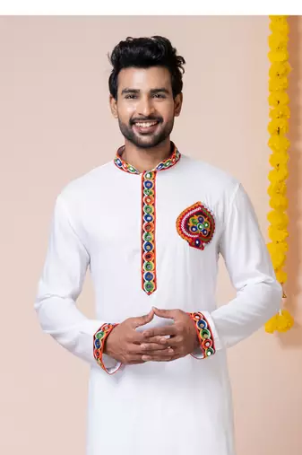 White heavy rayon navratri special traditional kurta pyjama