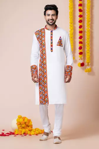 White heavy rayon navratri special traditional kurta pyjama