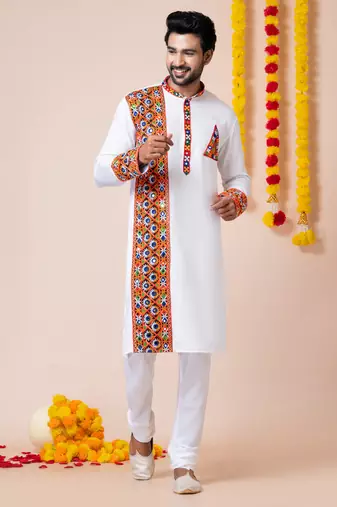 White heavy rayon navratri special traditional kurta pyjama