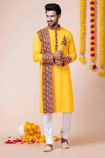 Yellow heavy rayon navratri special traditional kurta pyjama