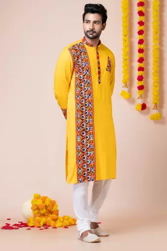 Yellow heavy rayon navratri special traditional kurta pyjama