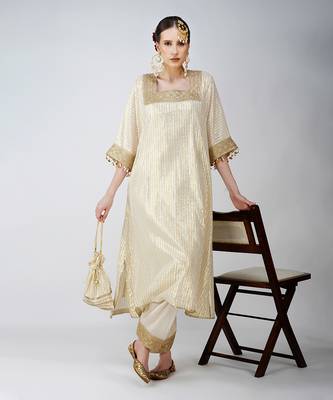 Beige white and golden  banarasi silk kurta set 1