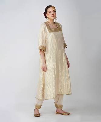 Beige white and golden  banarasi silk kurta set 2