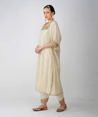 Beige white and golden  banarasi silk kurta set 3