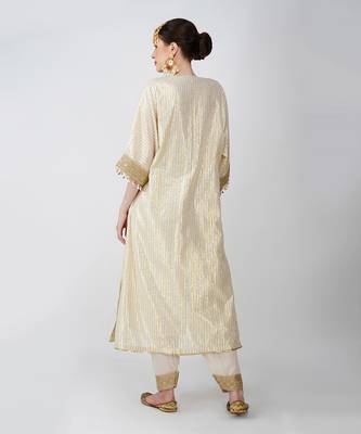 Beige white and golden  banarasi silk kurta set 5