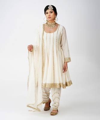 Beige white and golden banarasi silk kurta set 1