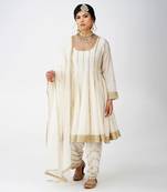 Beige white and golden banarasi silk kurta set