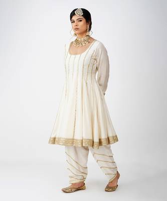Beige white and golden banarasi silk kurta set 2