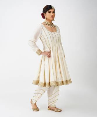 Beige white and golden banarasi silk kurta set 4