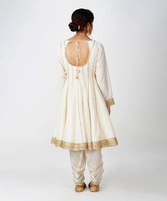 Beige white and golden banarasi silk kurta set 5