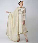 Beige white and golden  banarasi silk kurta set