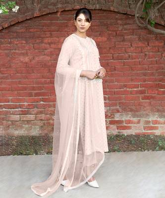 Peach bud gold embroidery crepe kurta set 1