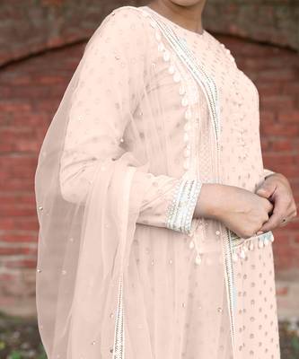 Peach bud gold embroidery crepe kurta set 2