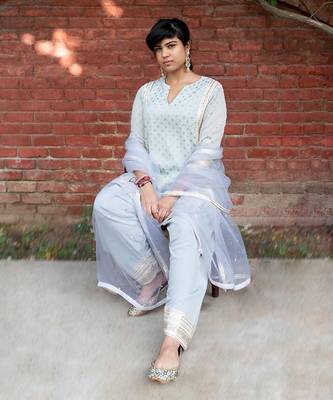 Dusk blue gold embroidery crepe kurta set 2