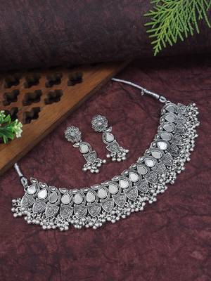 silver oxidised afghani mirror work ghungroo choker necklace jewellery set for women  1