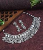 silver oxidised afghani mirror work ghungroo choker necklace jewellery set for women 