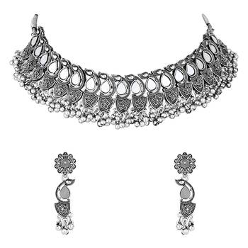 silver oxidised afghani mirror work ghungroo choker necklace jewellery set for women  2