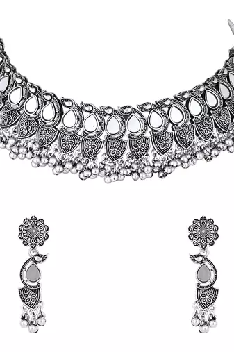 silver oxidised afghani mirror work ghungroo choker necklace jewellery set for women 