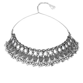 silver oxidised afghani mirror work ghungroo choker necklace jewellery set for women  3