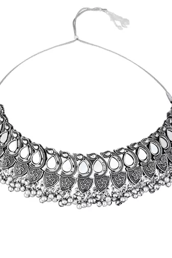 silver oxidised afghani mirror work ghungroo choker necklace jewellery set for women 