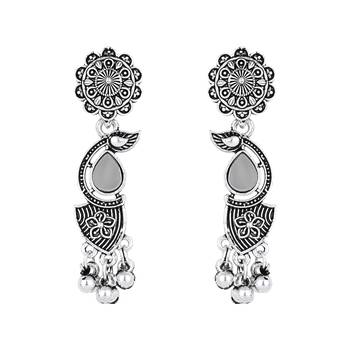 silver oxidised afghani mirror work ghungroo choker necklace jewellery set for women  4