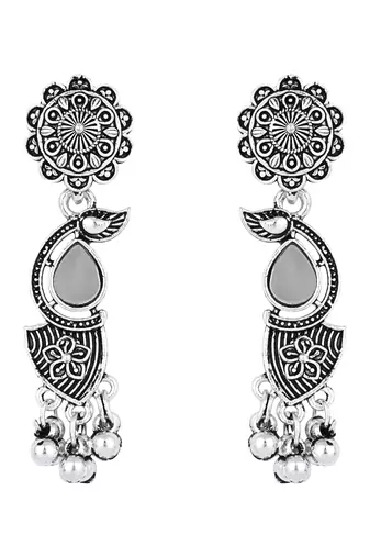 silver oxidised afghani mirror work ghungroo choker necklace jewellery set for women 