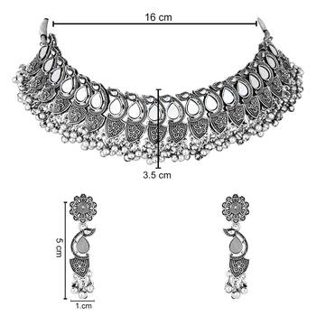 silver oxidised afghani mirror work ghungroo choker necklace jewellery set for women  5