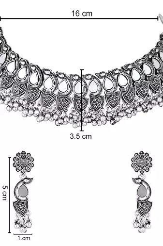 silver oxidised afghani mirror work ghungroo choker necklace jewellery set for women 