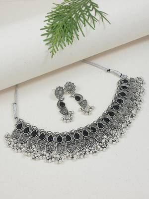 silver oxidised afghani mirror work ghungroo choker necklace jewellery set for women  1