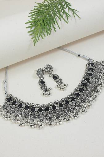 silver oxidised afghani mirror work ghungroo choker necklace jewellery set for women 
