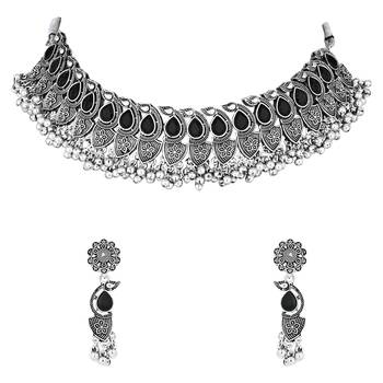 silver oxidised afghani mirror work ghungroo choker necklace jewellery set for women  2